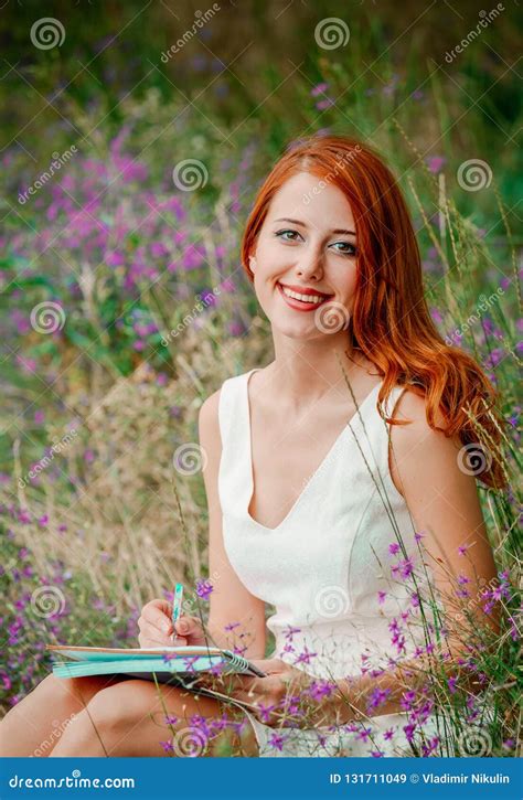 Style Redhead Girl In White Dress With Notebook Stock Image Image Of