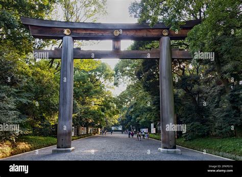 Entrance At Meiji Jingu Shrine In Tokyo Wooden Torii Gate Tokyo