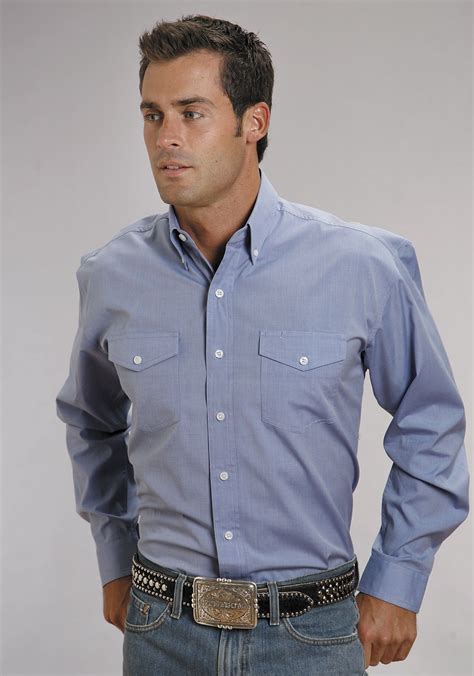 Stetson Mens Blue Light 100 Cotton End On End Ls Western Shirt In