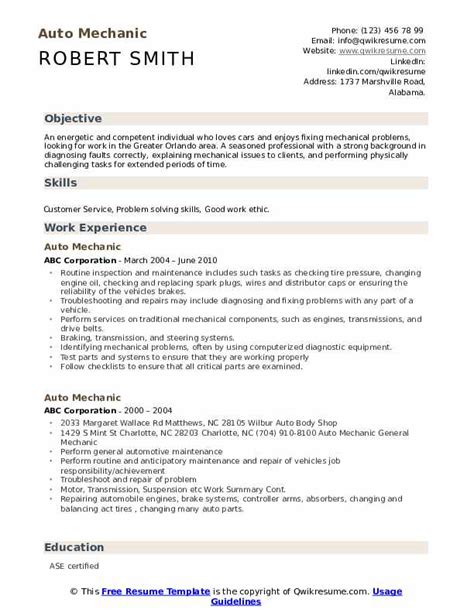 An auto mechanic (automotive technician in most of north america, light vehicle technician in british english, and motor mechanic in australian english) is a mechanic with a variety of automobile makes or either in a specific area or in a specific make of automobile. Auto Mechanic Resume Samples | QwikResume