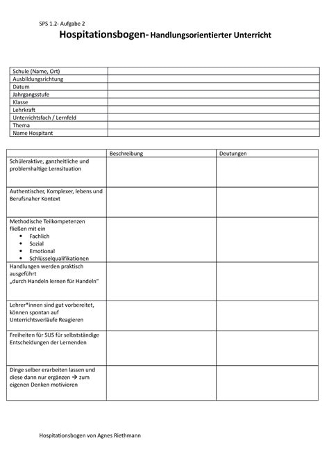 Hospitatinsbogen Handlungsorientierter Unterricht SPS 1 Aufgabe 2