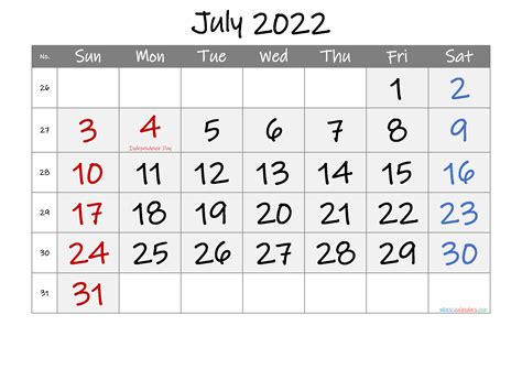 Printable July 2022 Calendar With Holidays 6 Templates