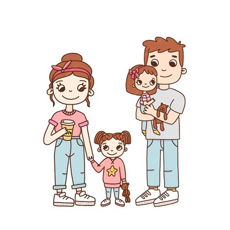 Familia Joven Mamá Papá Y Dos Hijas En Estilo De Dibujos Animados