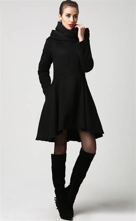 Black Winter Hooded Wool Coat Women Asymmetrical Midi Wool Coat Full