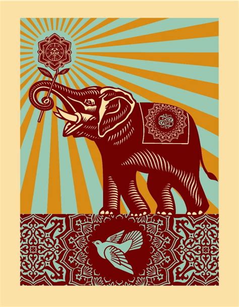 An Elephant With A Flower In Its Trunk And Sunburst Above It On A Blue Background