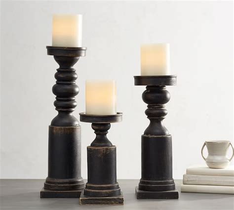 Painted Carved Wood Pillar Holders Black In 2020 Wood Candle