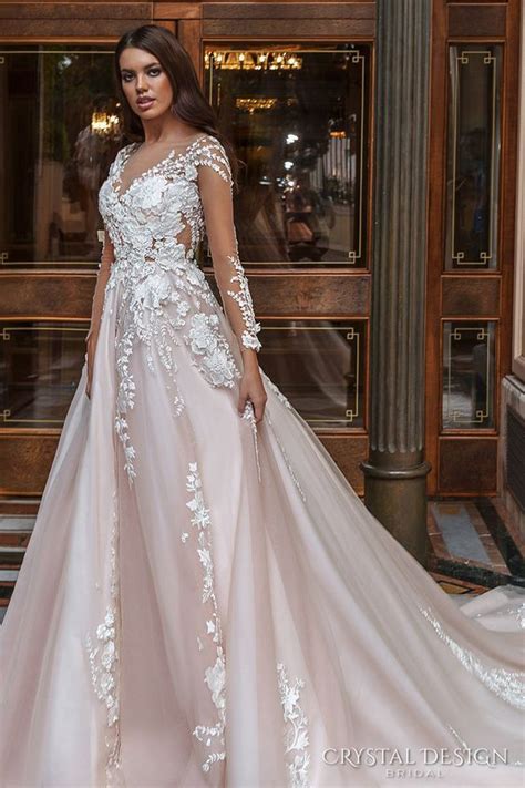 Crystal Design 2017 Bridal Long Sleeves V Neck Heavily Embellished Lace