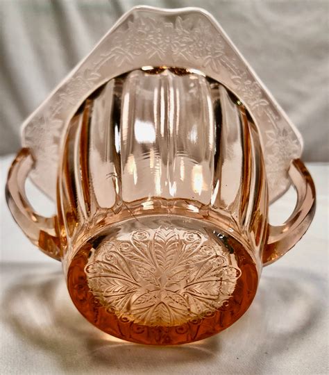 vintage blush pink depression glass sugar bowl with handles adam pattern by jeannette glass