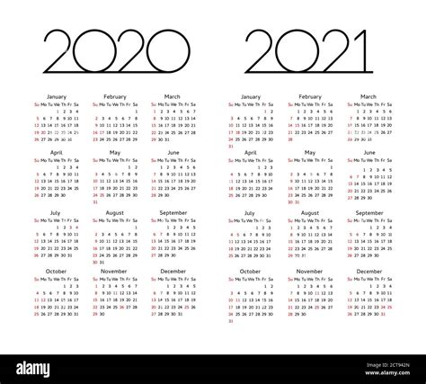 Calendar 2020 2021 Year Vector Illustration Week Starts On Sunday