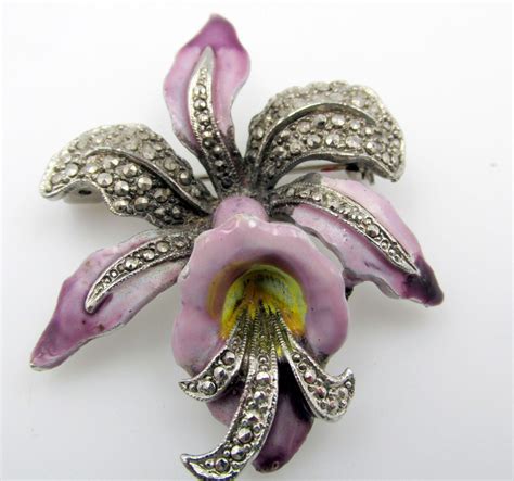 Vintage Orchid And Purple Enamel Marcasite Orchid Flower Brooch