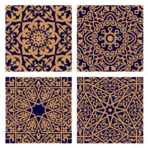 Arabic Geometric Seamless Patterns With Foliage Elements — Stock Vector