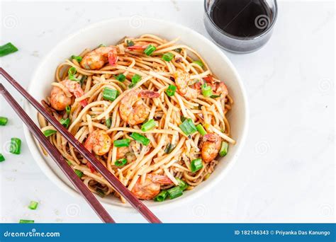 Shrimp Udon Noodles In A Bowl With Soy Sauce Top View Flat Lay Photo