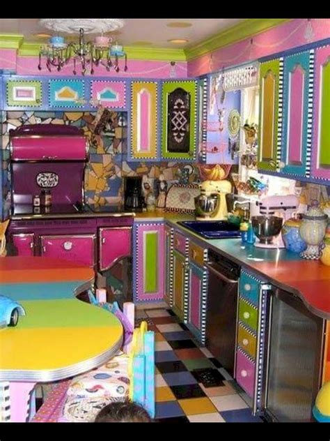 A Colorful Kitchen With Lots Of Counter Space