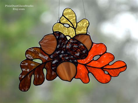 Stained Glass Suncatcher Autumn Oak Leaves And Acorns Fall Etsy