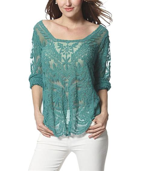 Simply Couture Green Sheer Palm Embroidered Boatneck Top Zulily