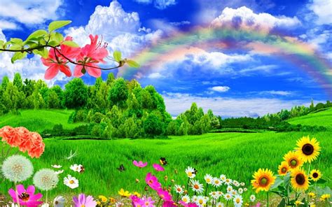 Wonderland Grass Flowers Nature Rainbow Sky Hd Wallpaper Peakpx