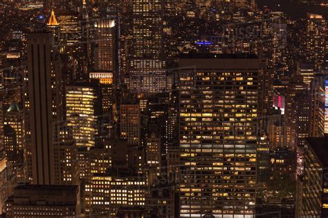 Aerial View Of Buildings And Night City Lights In New York Usa Stock