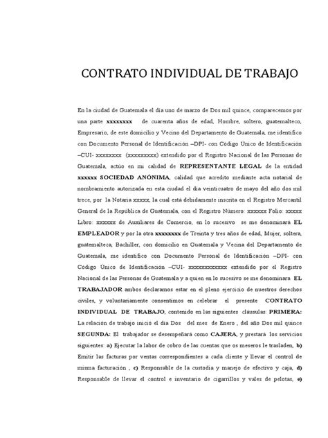 Modelo Contrato Individual De Trabajo Pdf Guatemala Economias