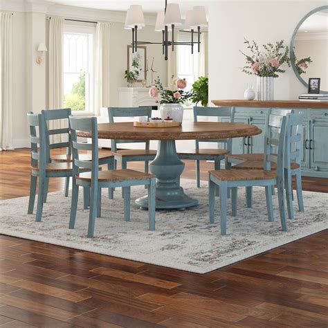 conway farmhouse two tone solid wood round dining table chair set rustic solid wood dining