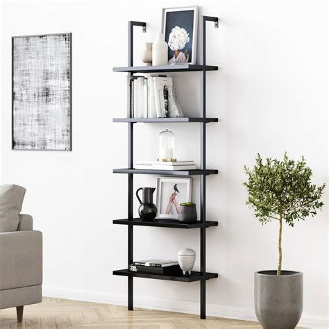 Nathan James Theo Industrial 5 Shelf Black Ladder Bookcase With Black