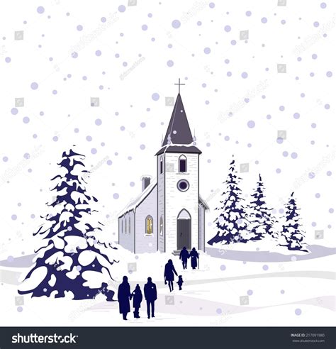 Winter Scene Small Country Church Snowcovered Stock Vector