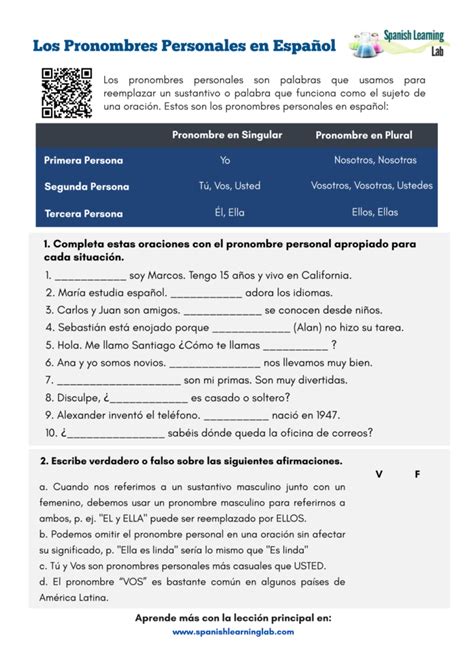 Los Pronombres Personales En Español Hoja De Trabajo En Pdf Spanish Learning Lab