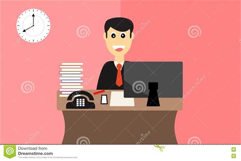 Happy Worker Ready For Work In The Office Flat Design Stock Vector