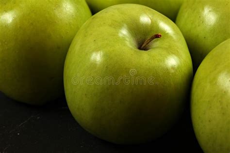 Closeup Of Green Apples On Black Board Detailed Photo Texture On