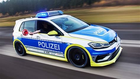 An unmarked police car and a patrol car are running code 3 on german autobahn to a serious traffic a compilation of all kinds of police cars across germany: VW Golf R tuned by Oettinger looks mean as German police car