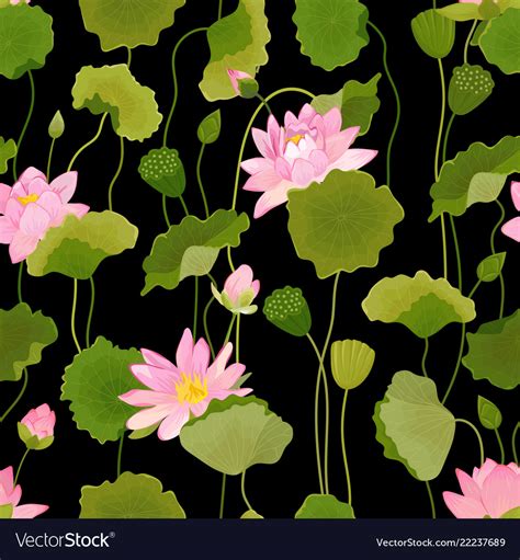 Seamless Pattern With Lotus Flowers And Leaves Vector Image