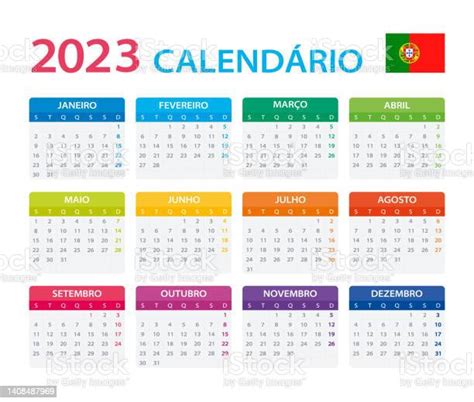 Vetores De Modelo Vetorial Do Calendário Cor 2023 Versão Em Português E