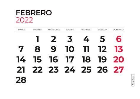 Calendario Febrero 2022
