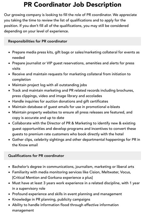 PR Coordinator Job Description Velvet Jobs