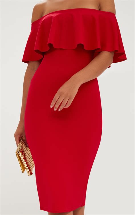 red bardot frill midi dress dresses prettylittlething usa