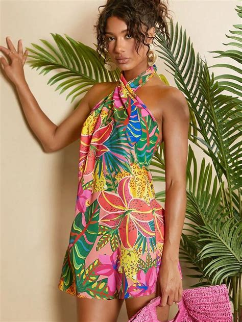 Shein Vcay Tropical Print Crisscross Halter Backless Dress Shein Usa