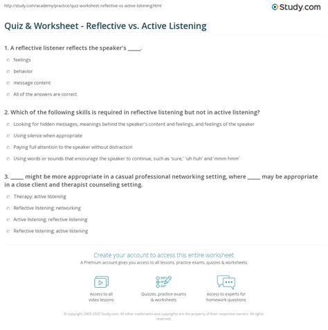 Quiz And Worksheet Reflective Vs Active Listening