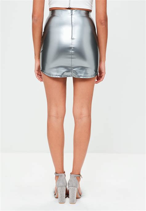 Lyst Missguided Silver Vinyl Curve Hem Mini Skirt In Metallic