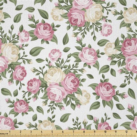 Lunarable Flower Fabric By The Yard Roses Rosebuds Leaves