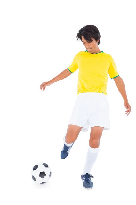 Latar belakang Pemain Sepak Bola Dengan Bola Kuning Menendang Pria