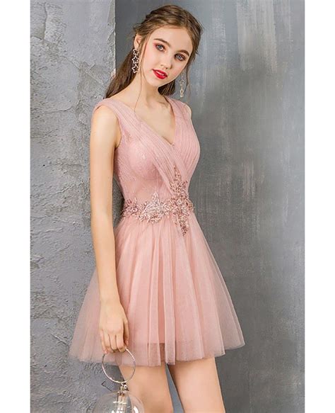 Pretty Short Tulle Pink Prom Dress Cute Pleated Vneck