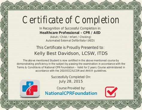 Cpraed Health Care Professionals Certificate For Kelly B Davidson