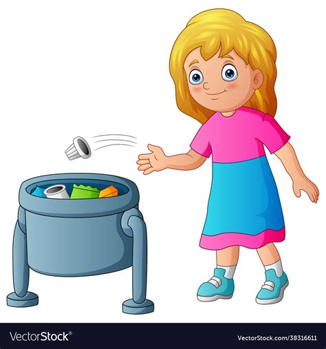 Young Girl Throwing Garbage In Trash Bin Vector Image