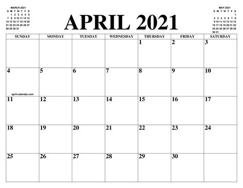 April 2021 Calendar Of The Month Free Printable April Calendar Of The