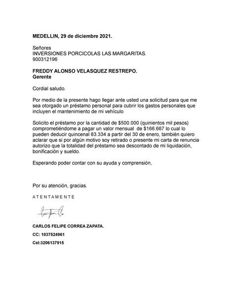 Carta De Solicitud De Prestamo Medellin 29 De Diciembre 2021