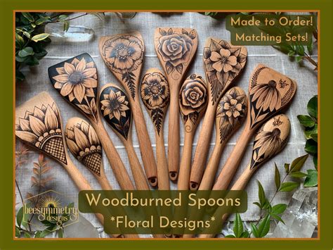 Woodburned Spoons Floral Nature Designs Food Safe Wood Wooden Spoons