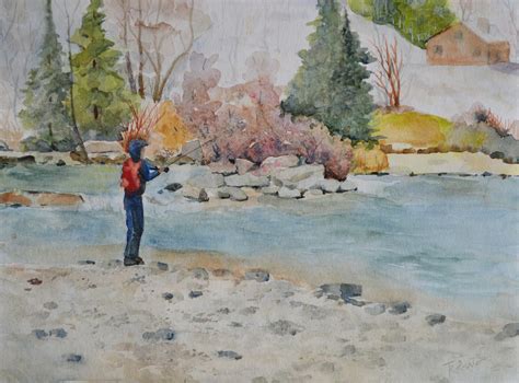 Original Fly Fishing Watercolor Landscapeblue River Fly Etsy