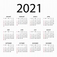 calendario 2021 año - ilustración vectorial. la semana comienza el ...