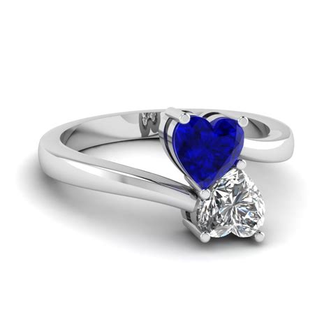 Heart Shaped Diamond Heart Pair Side Stone Ring With Blue Sapphire In 14k White Gold