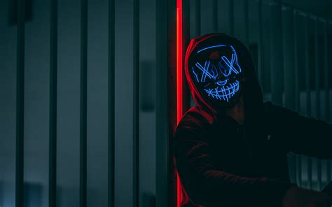Download Wallpaper 3840x2400 Mask Hood Neon Anonymous