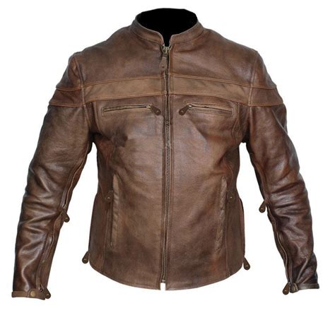Mens Retro Brown Buffalo Hide Cafe Leather Motorcycle Jacket